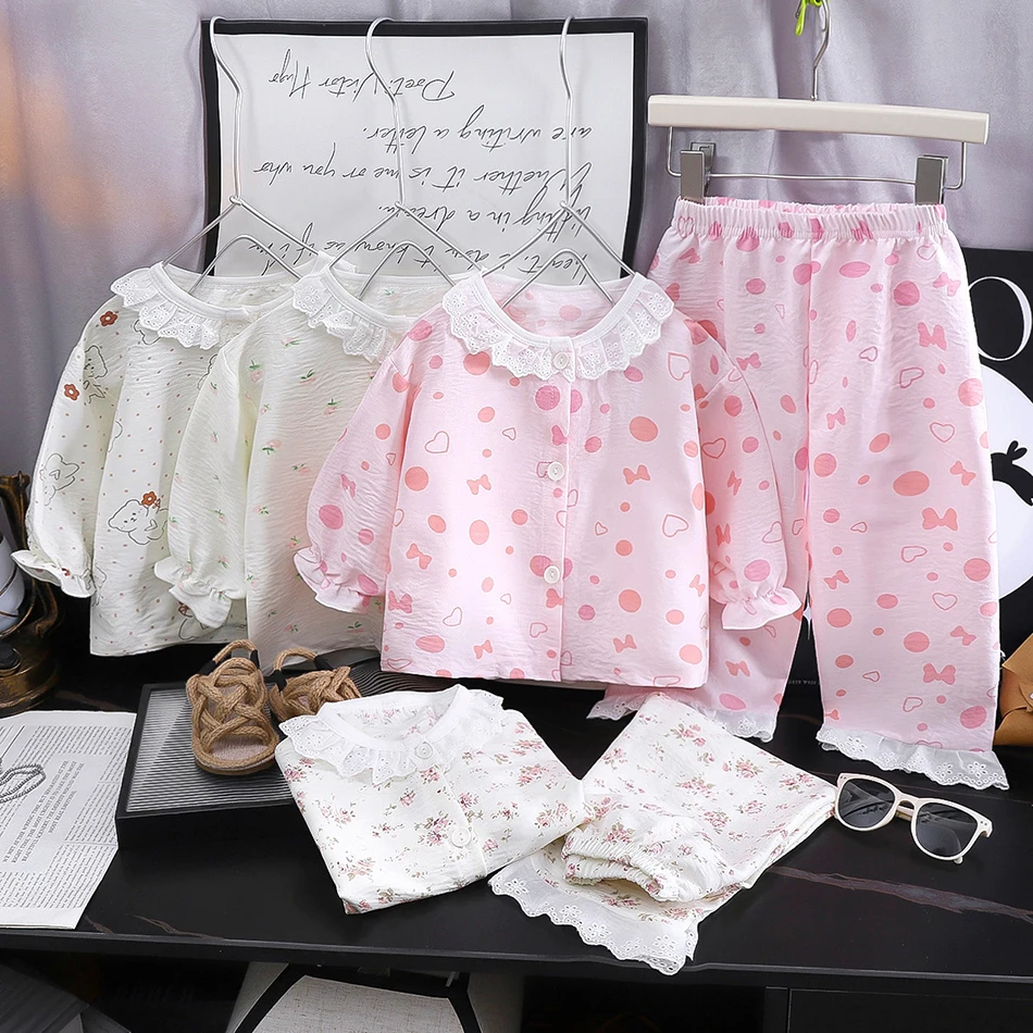 2 Pcs Spring Autumn Kids Loose Thin Pajama Lace Pants Set Girls' Print Home Clothes Sets Summer Child Air Conditioning Clothes #2
