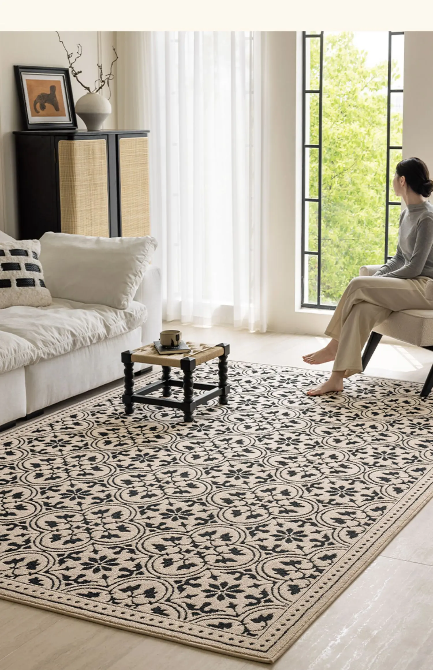 VIKAMA French Wipeable & Washable Living Room Carpet Light Luxury Premium Stain Resistant Carefree Bedroom Floor Mats Home Decor
