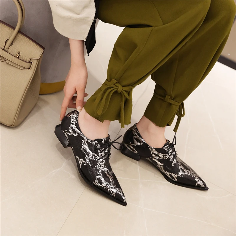 Snake Print Women Loafers Shoes Casual Low Heels Fashion Lace-up Boat Shoes Lady Sexy Pointed Snake EURO Style Oxford Shoes