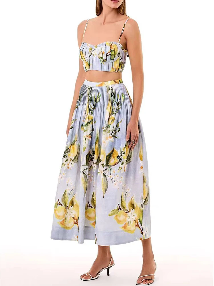 Retro printed pleated short strapless camisole top two-piece set for 2026 summer women's wear+loose pleated skirt fashion set