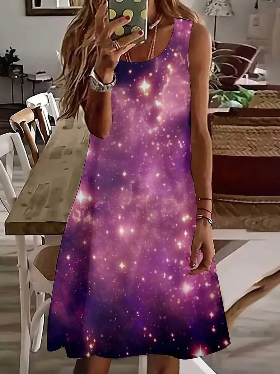 

Women Sleeveless Galaxy Print Purple Star Pattern Casual Summer Dress