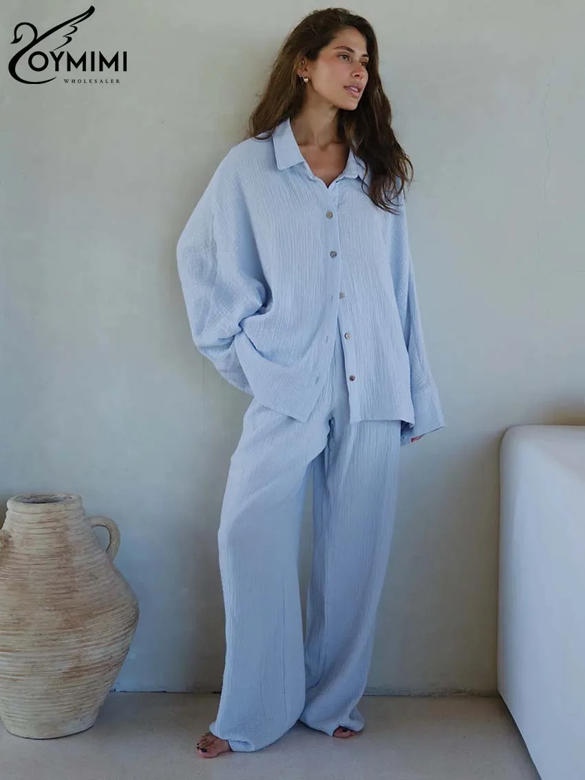 Oymimi Fashion Blue Cotton Sets For Women 2 Pieces Elegant Lapel Long Sleeve Button Shirts And Straight Simple Trousers Sets