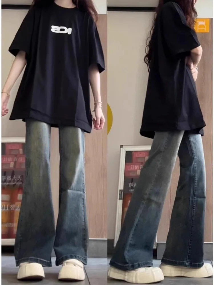 High Waist Loose Fit Straight Leg Micro Flared Jeans Women's Spring Autumn New Style Versatile Student Cotton Stretch Denim