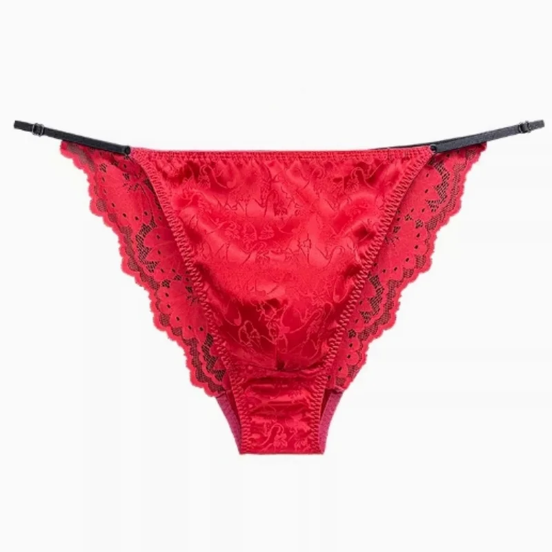 Men's Silk Jacquard Briefs Low Waist G-Strings Red Breathable Soft Skin friendly Mulberry Silk Lace Adjustable Belt G-string