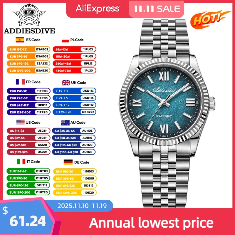 

ADDIESDIVE Sapphire Glass Quartz Watches 36mm VH31 Gradient Green BGW9 Luminous WristWatch Waterproof 10Bar Luxury Men's Watch