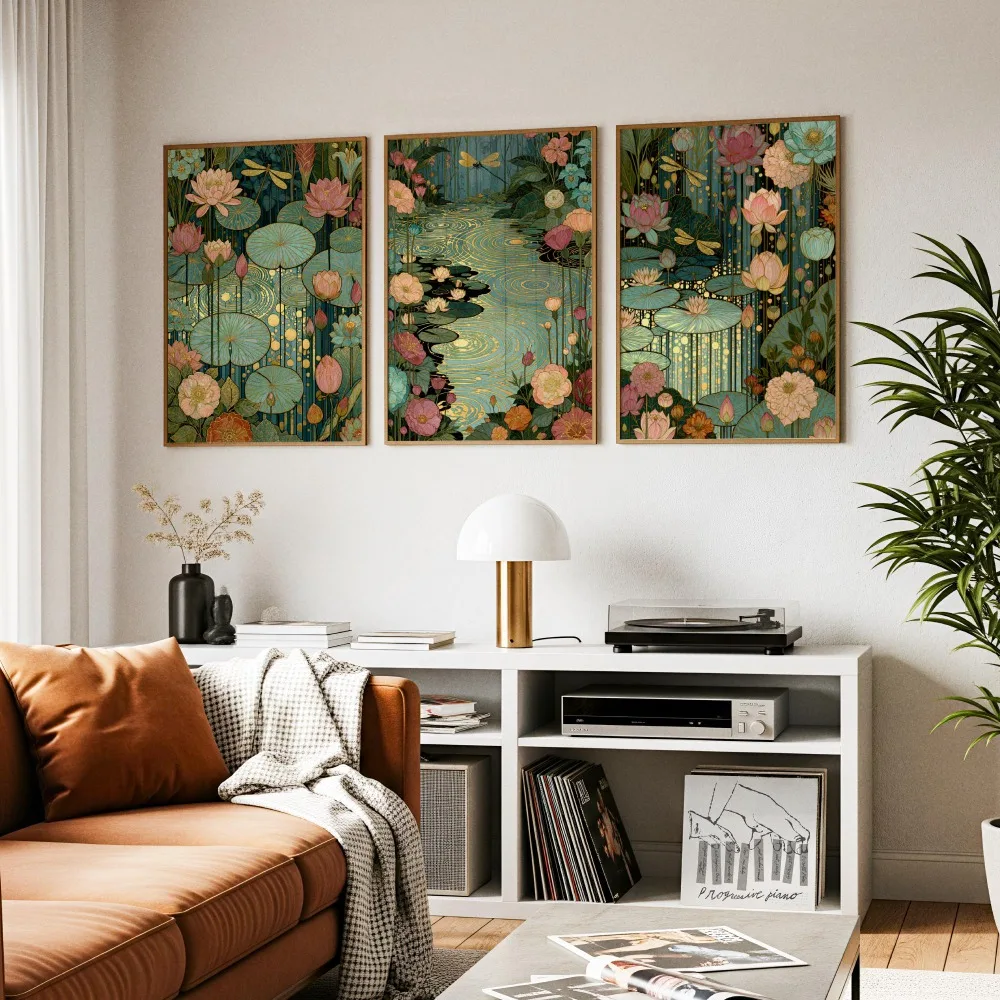 3pcs Frameless Dragonfly Pool Wall,Blue-green Plant Triptych,Art Nouveau Style,Golden Accent Poster,Living Room Bedroom Decor