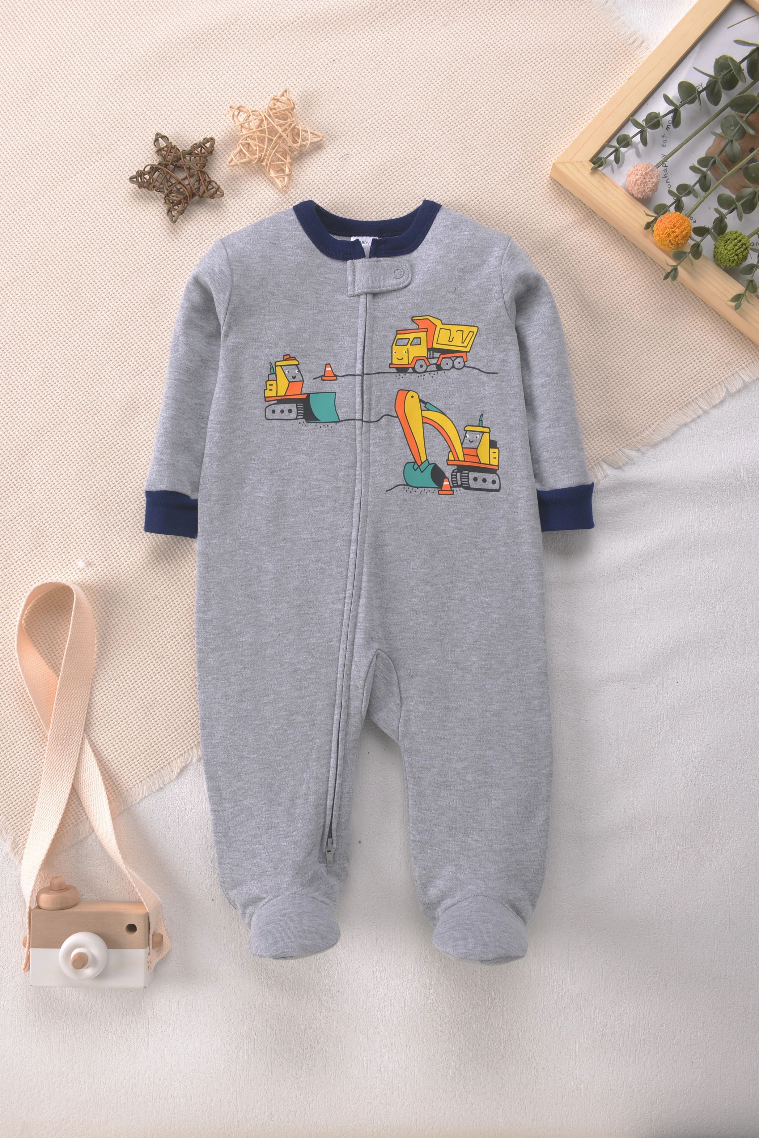 Grey Cotton Baby Footed Romper Construction Vehicle Print Two-Way Zipper Onesie Loungewear for 3-18M Newborn Boys All Seasons