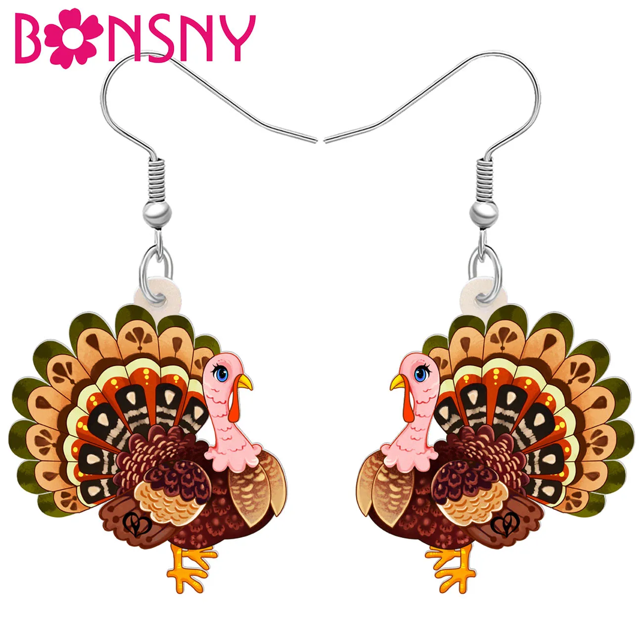BONSNY Acrylic Thanksgiving Turkey Dangle Earrings Ethnic Farm Animals Chicken Boho Jewelry Thankful Gifts For Women Party Charm