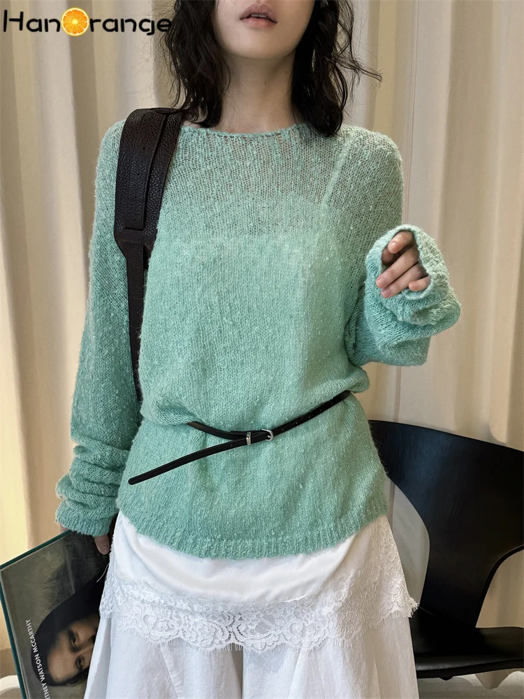 

HanOrange 2026 Spring Simple Fashion with Belt Wool Knitted Sweater Women Loose Silhouette Top Grass Green