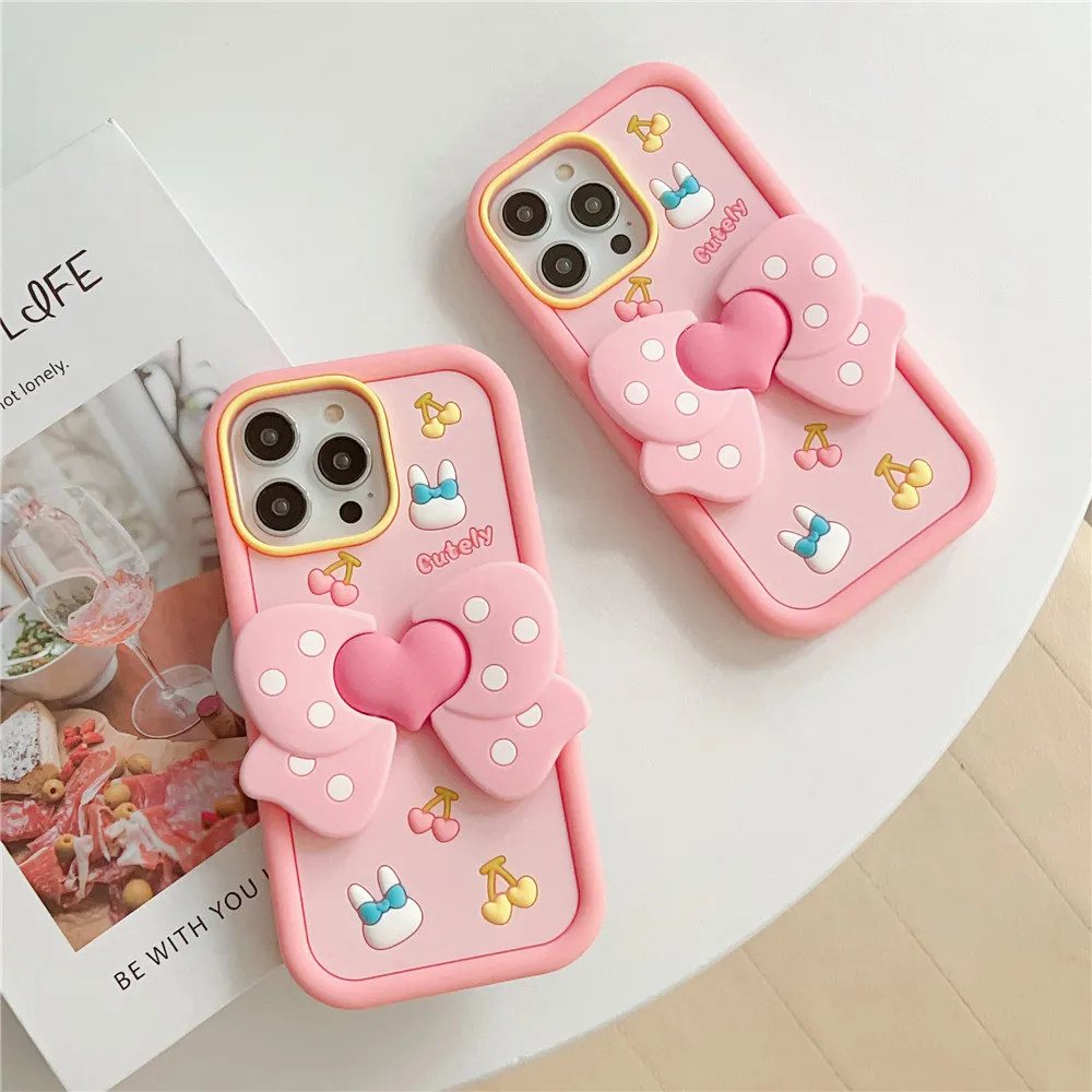 

Cute Pink Bown Knot Dot Stand Holder Phone Case For iPhone 11 12 12ProMax For iPhone 13 14 Pro Max Silicone TPU Protection Cover