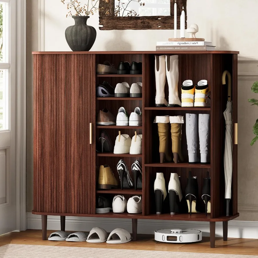 Shoe Storage Cabinet with Sliding Door, 6-Tier Shoe Cabinet with Adjustable Shelves, Modern Freestanding Shoe Storage Organizer