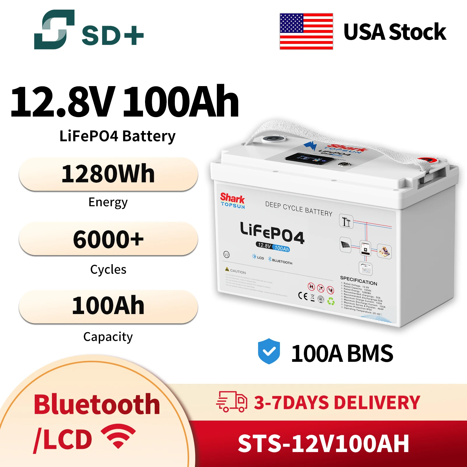 

Аккумулятор SANDISOLAR 12V 100Ah 200Ah LifePo4, 6000+ циклов, 1280Wh, BMS, 100Ah 200Ah для систем хранения солнечной энергии, склад в США