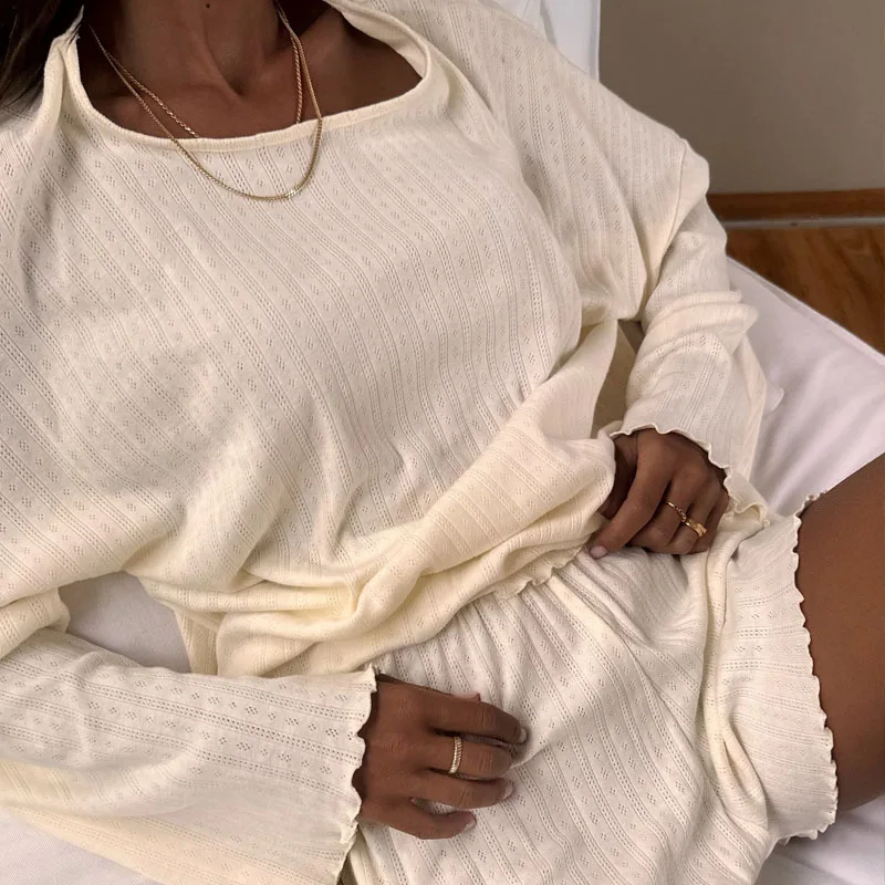 

2025 однотонный пижамный комплект, женский осенний топ с длинными рукавами и шорты, одежда для сна, комплект из 2 предметов для женщин, повседневная свободная дышащая домашняя одежда