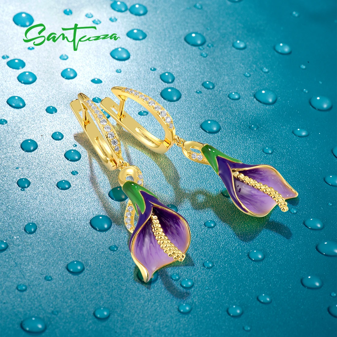 SANTUZZA 925 Sterling Silver Dangling Earrings For Women Sparkling White Cubic Zirconia Purple Tulip Fine Elegant Jewelry Enamel