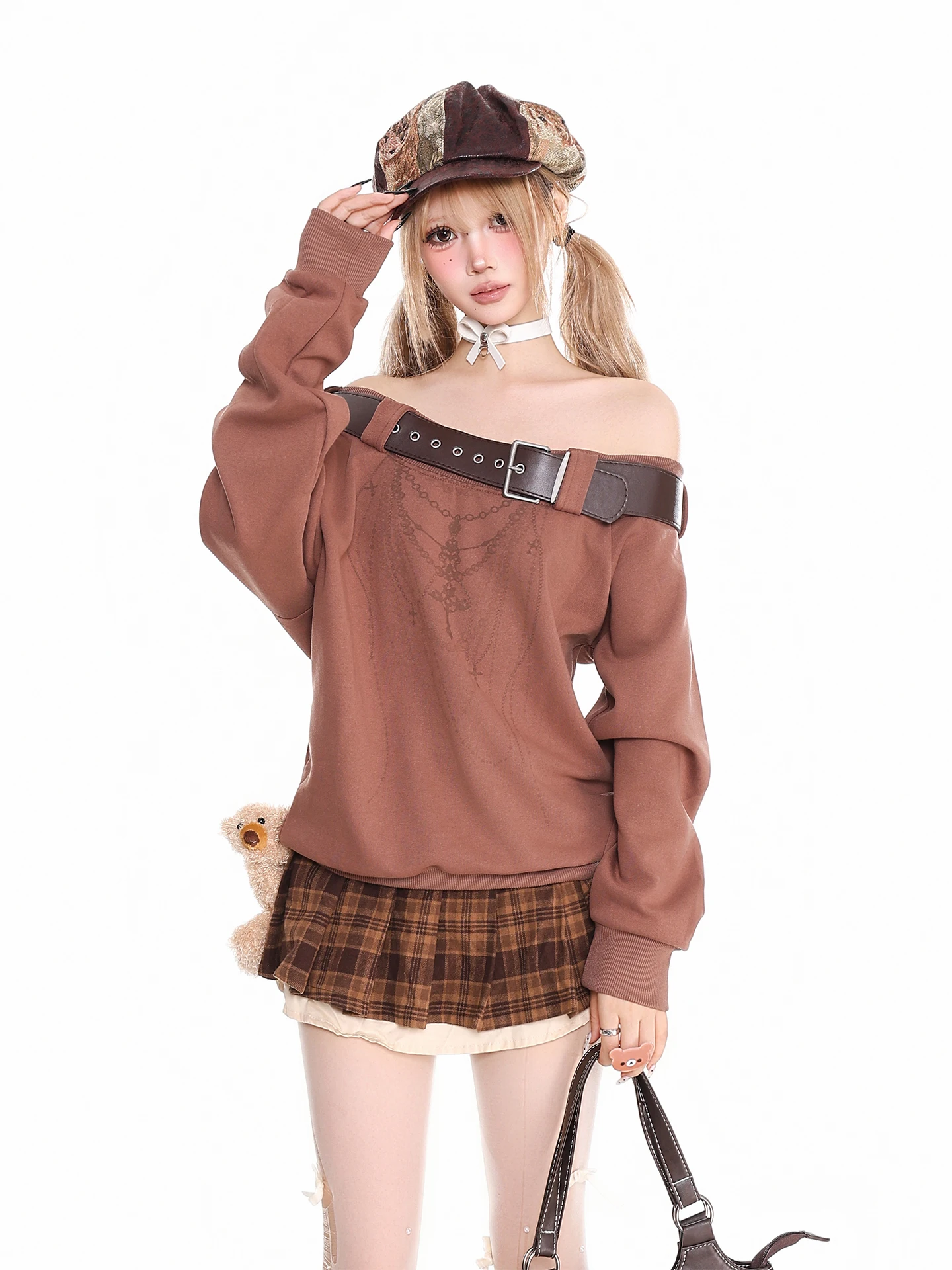 سترة بنية جديدة لربيع وخريف 2025 مزينة بحزام عاري الكتفين باللون الأبيض الكاكي سترة نسائية للتخسيس بلوزة فضفاضة للشوكولاتة #2