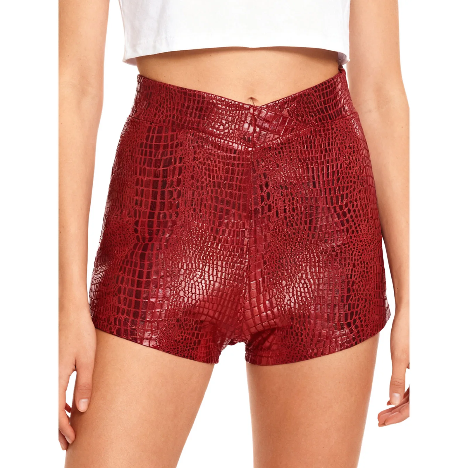 女性光沢のあるスリムホットパンツ弾性ウエストバンドヘビ革プリントメタリックブーティショーツダンス衣装音楽祭用日常着