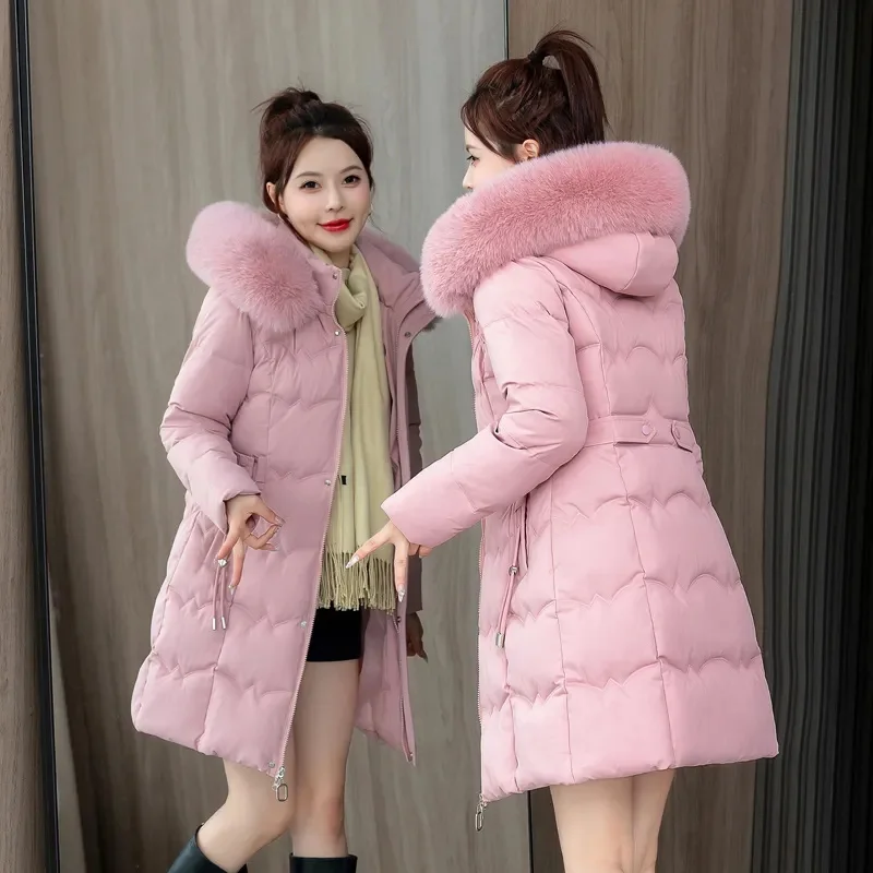 2024 New Winter Coat Women\'s Jacket Fur Neckline Long Basic Coats Thick Jackets Cotton Padded Outerwear Parkas Female Clothes