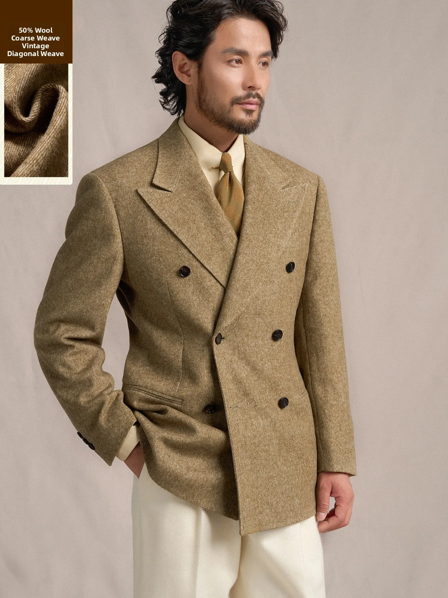 

Cultum Thickened Warm Woolen Tweed Fabric Men's Double Breasted Notch Collar Suit Casual Business Style Winter Coat
