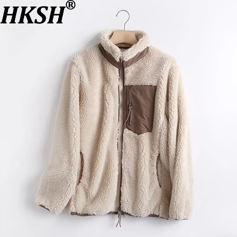 

HKSH Autumn Winter New Women's Warm Coat Stand Collar Zipper Pocket Contrast Color Elegant Casual Windproof Thick Jacket HK15122