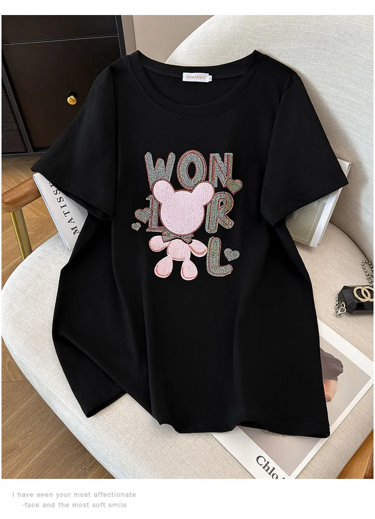 170Kg Plus Size Women\'s Bust 170 Summer Loose Short sleeved Diamond T-Shirt Bear Top White Black 4XL 5XL 6XL 7XL 8XL 9XL