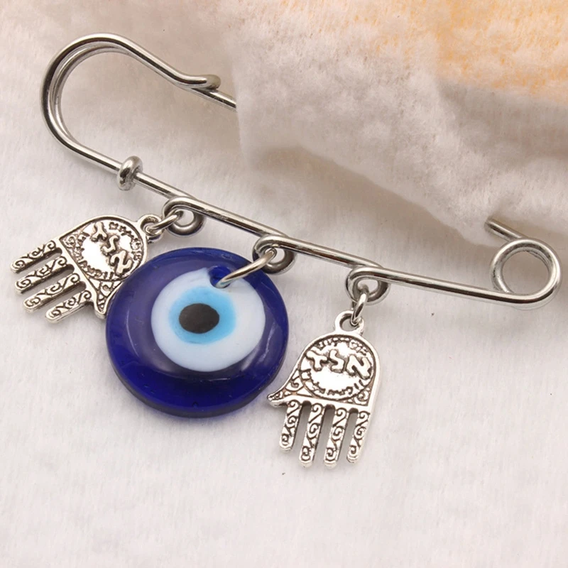 Blue Turkish for Evil Eye Pendant Two Palms Three Hanging Brooch Pin Buckle for Creative Birthday Gift for Women Lady Gi