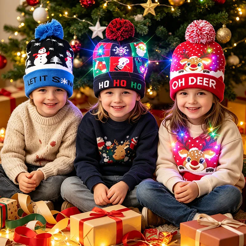 1-5PCS Christmas Tree Knit Hat Reindeer LED Pom Pom Light Up Beanie for Kids Adults Holiday Party Costume Gift Winter Decoration