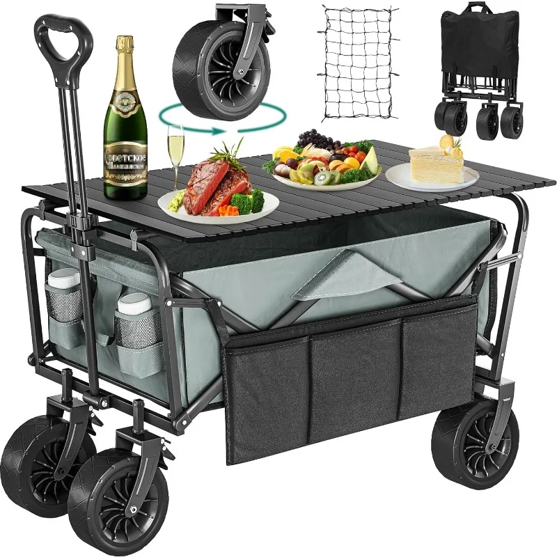 Folding Wagon w/Table Plate, Large Capacity Collapsible Wagon Cart, Adjustable Handle Height Foldable Utility Garden Cart,