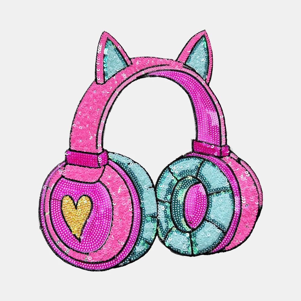 

1 шт., 22,5*20 см, розовые блестки, нашивка для наушников, блестящая железная нашивка для украшения одежды, аппликация «сделай сам», аксессуары для одежды