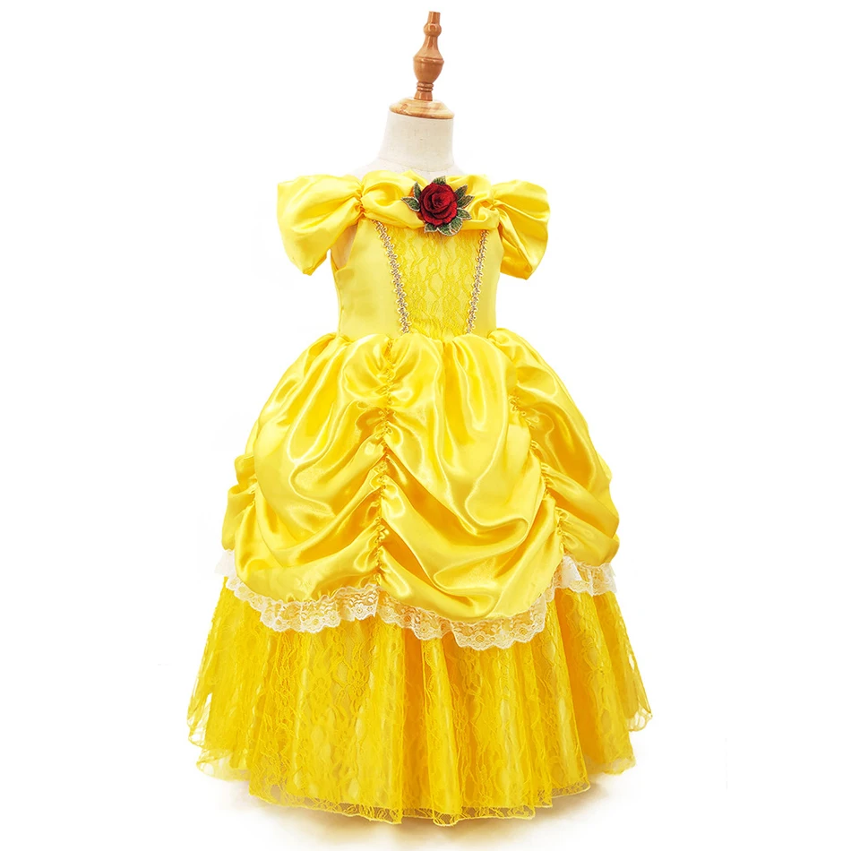 Girls Belle Princess Dress Yellow Party Dress Puff Sleeve Ruched Bodice Lace Hem Princess Gown for Kids Halloween Cosplay Party
