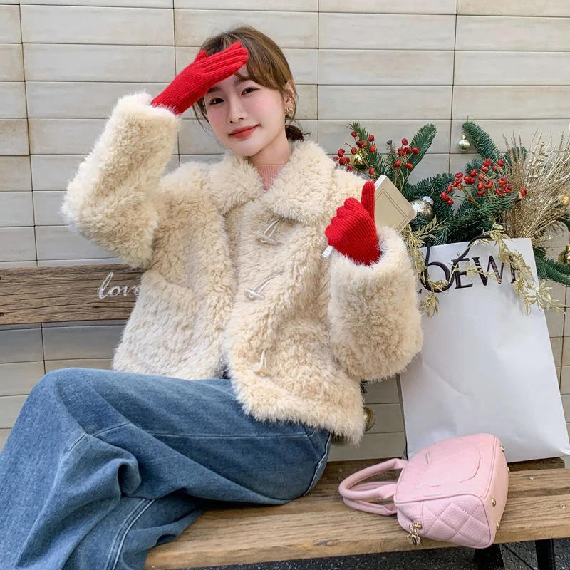 Women Sherpa Jacket Faux Sheepskin Winter Warm Thick Coat Toggle Duffle Campus Casual Outerwear Fleece Lined Cozy cropped top