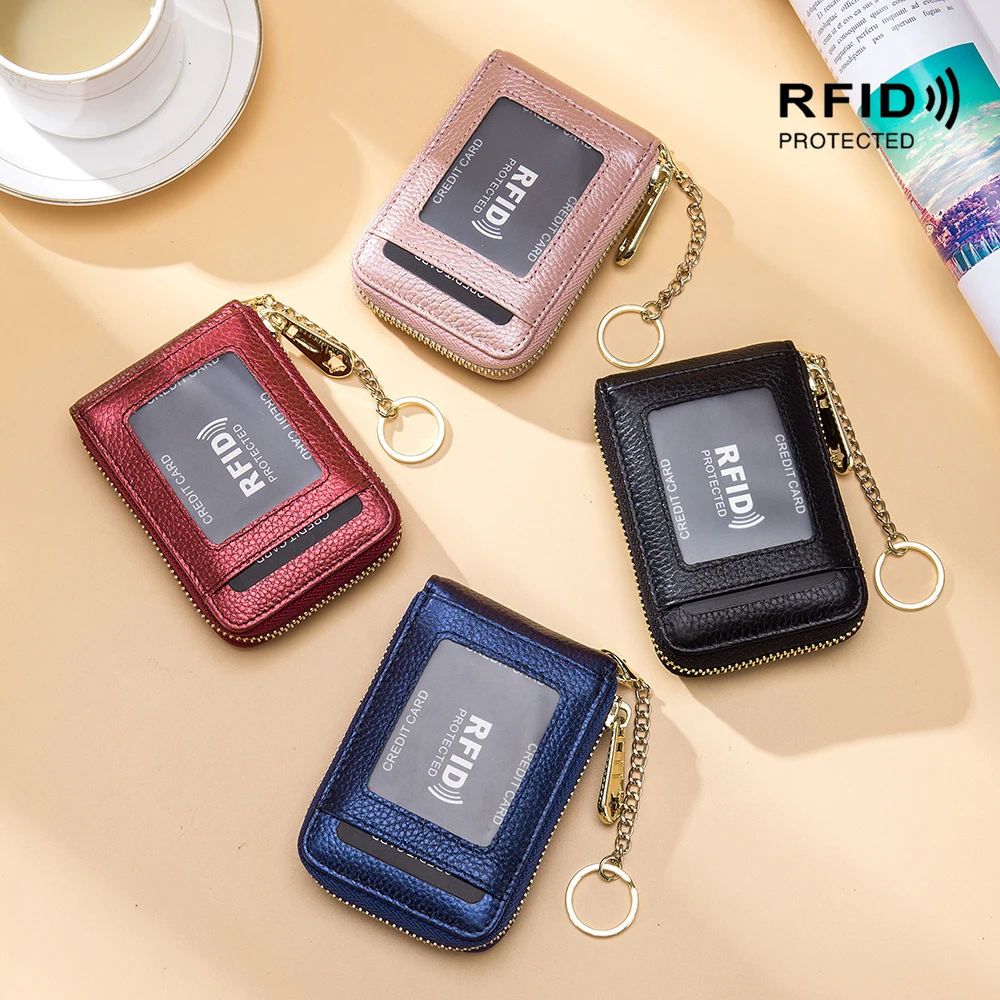 Porte-cartes en cuir véritable RFID exquis pour femmes, porte-cartes d'orgue masculin multifonctionnel, porte-cartes bancaires, porte-clés noir et rose