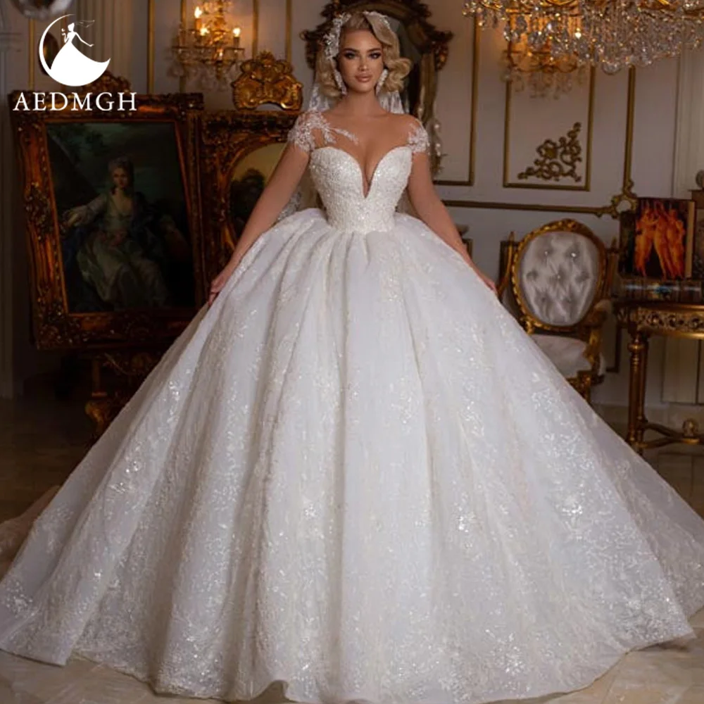 

Aedmgh Ball Gown Royal Wedding Dresses 2024 Sweetheart Cap Sleeve Robe De Mariee Lace Appliques Shiny Vintage Vestido De Novia