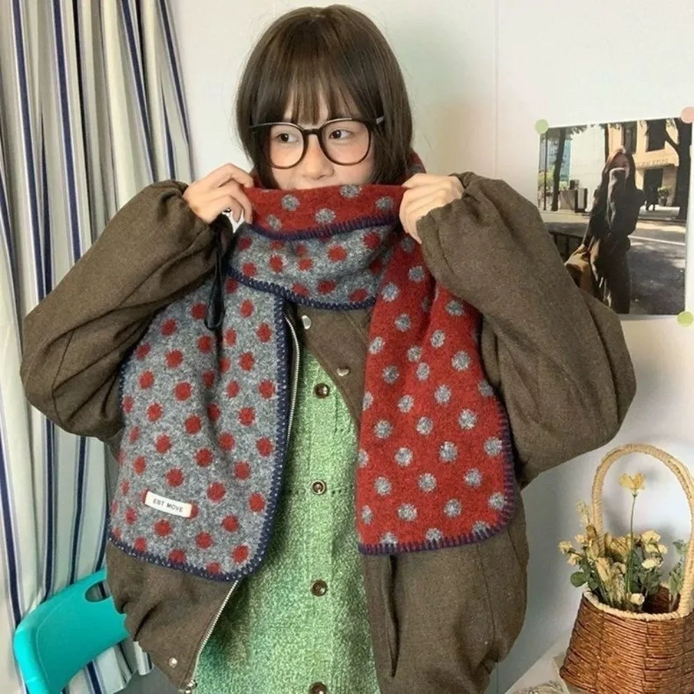 Fashion Color-Block Polka Dot Scarf Korean Style Lightweight Winter Shawl Windproof Double-Sided Wool Scarf Autumn Winter