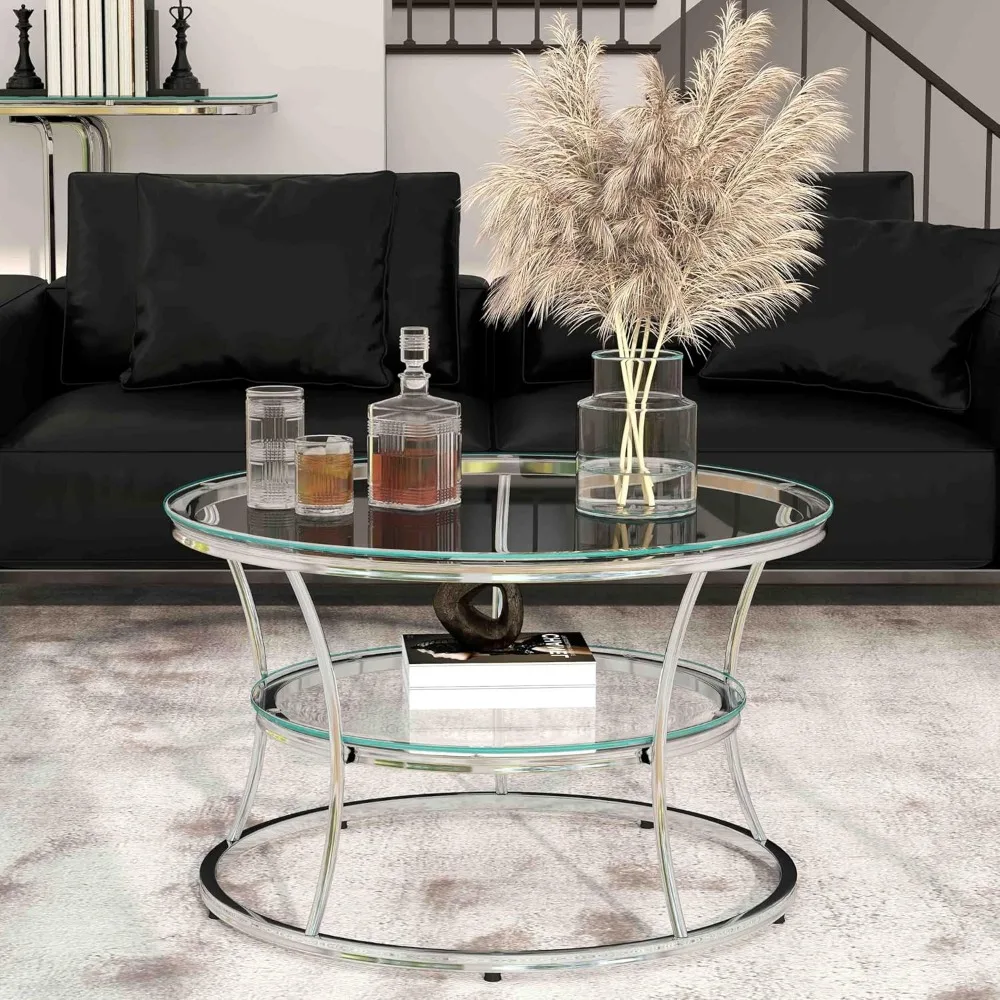 Modern 2-Tier Glass Coffee Table with Shelf, Tempered Glass and Chrome Frame for Living Room, Silver Centerpiece