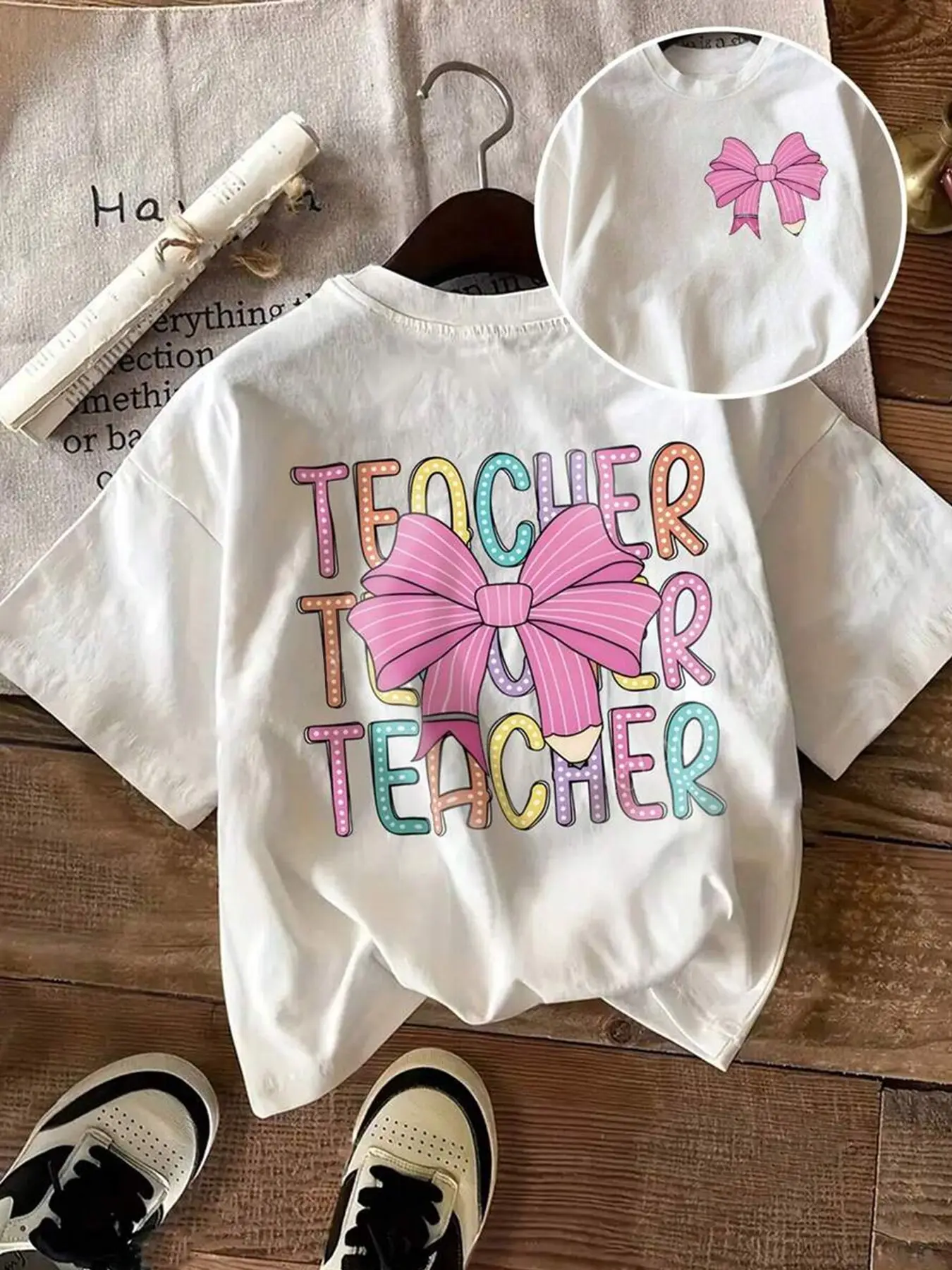 

Plus - Size Teacher - themed Graphic Tee, White Short - Sleeve with “TEACHER” Print