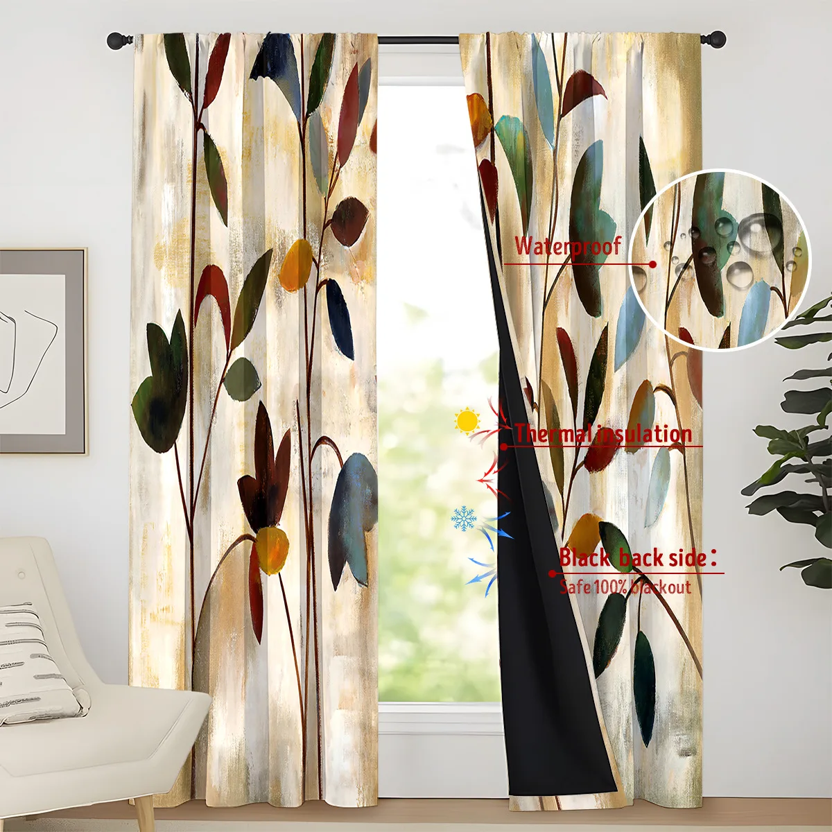 2PC Semi-Blackout Coated 3D Digital Printed Curtains for Bedroom Living Room with Rods Up To 7CM/2.75Inches in Diameter