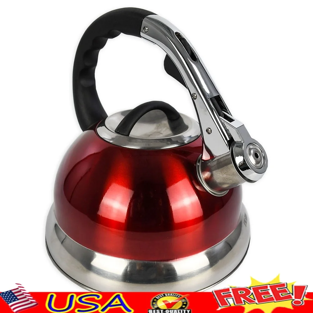 

Stainless Steel Stovetop Kettle 3L Polished Red Design Induction Compatible Removable Lid Comfortable Grip Lever Spout