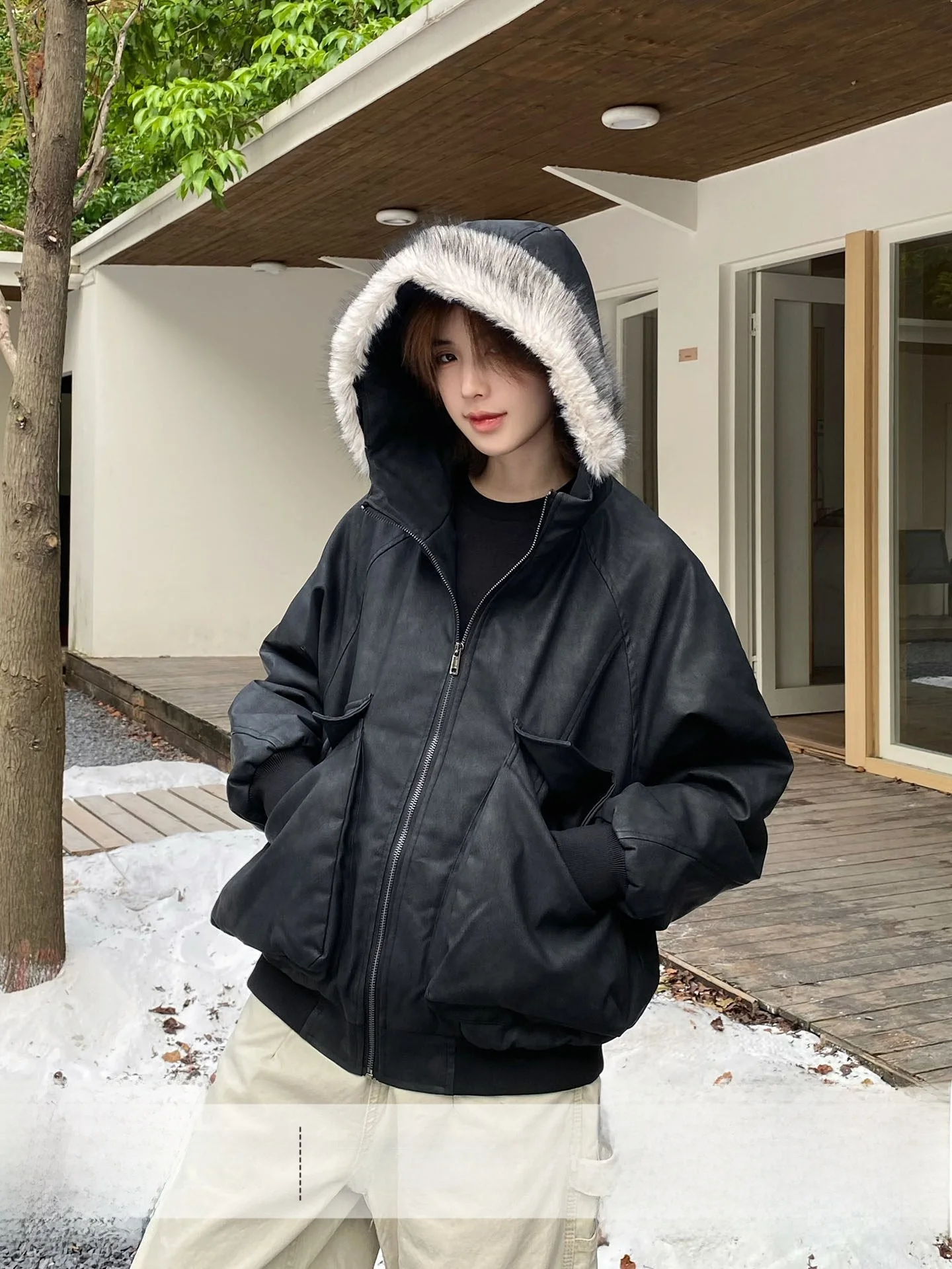 

Куртка-косуха Ja1 с отстегивающимся меховым воротником, свободного кроя, теплая, в уличном стиле, унисекс, зимняя, женская модная верхняя одежда