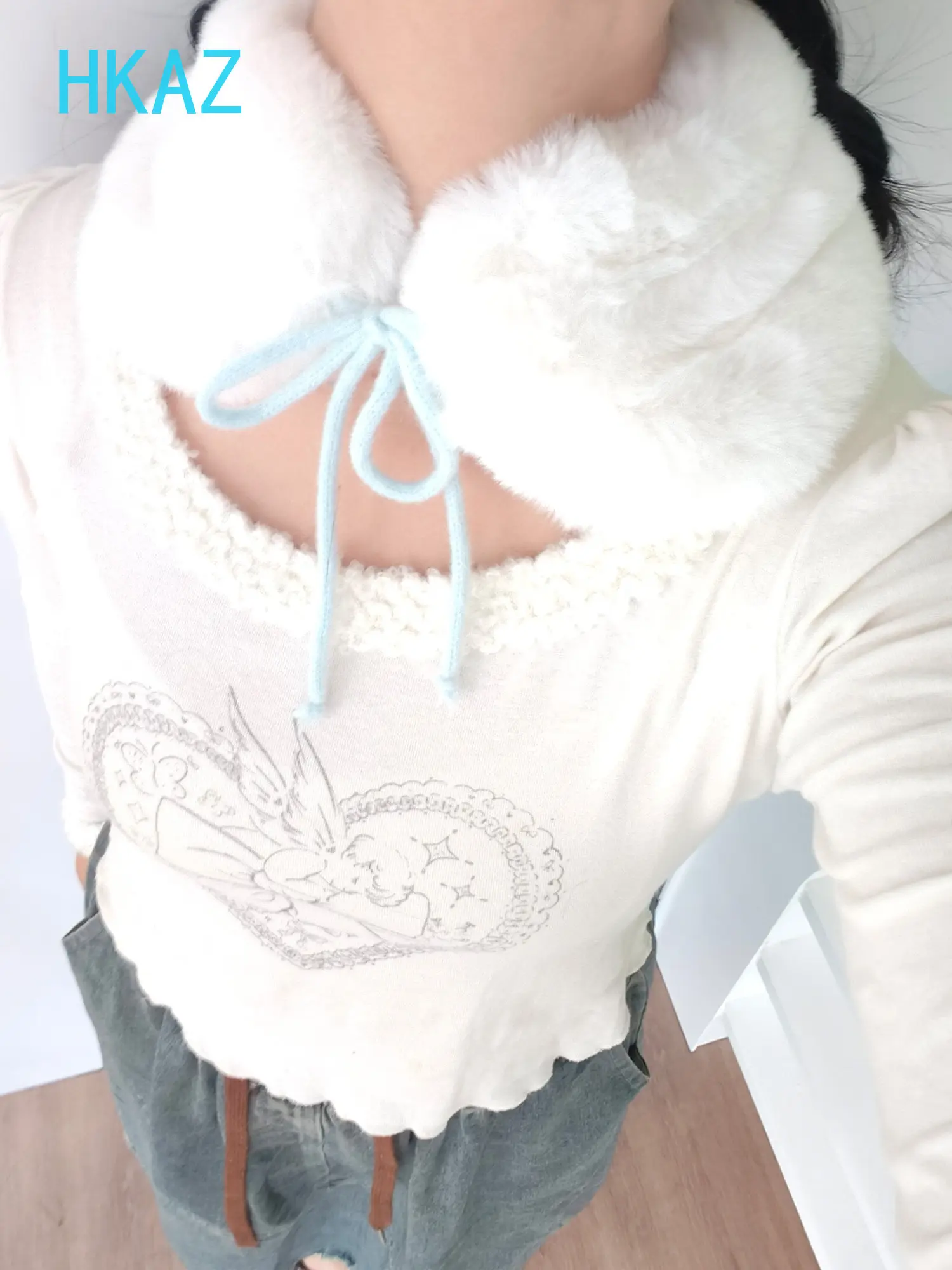 Milk White Neckerchief Sweet Girls Imitation Rabbit Hair Lace-up Winter Outer Scarf Water Blue Bow Thick Warm Neck Cover