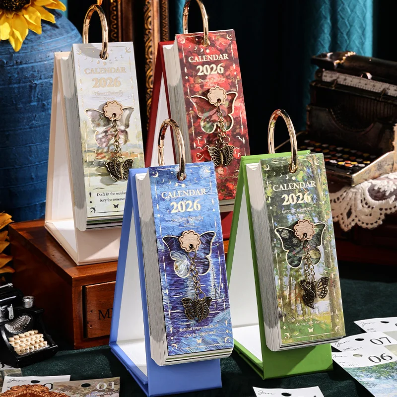 

2026 Vintage Elegant Desk Calendar, Golden Ring Binding with Inspirational Quotes, Monthly & Daily Planner, Perfect Gift Idea