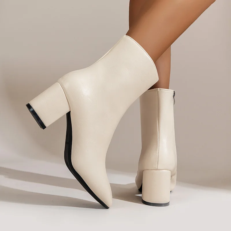 White Ankle Boots for Women 2025 Side Zipper Stretch Middle Heel Large Size Short Boot Fashion Pointed Shoes Botas De Mujer