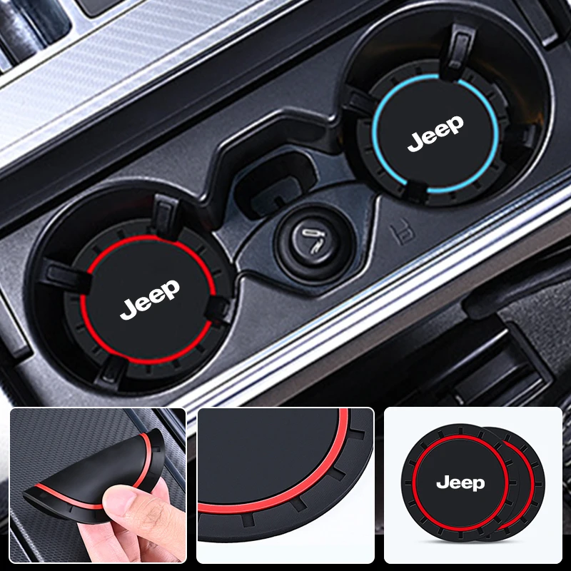 2PCS Car Coasters Water Cup Slots Non-Slip Mat Waterproof Cup Pad For Jeep Renegade Compass Grand Cherokee Wrangler JK Commander