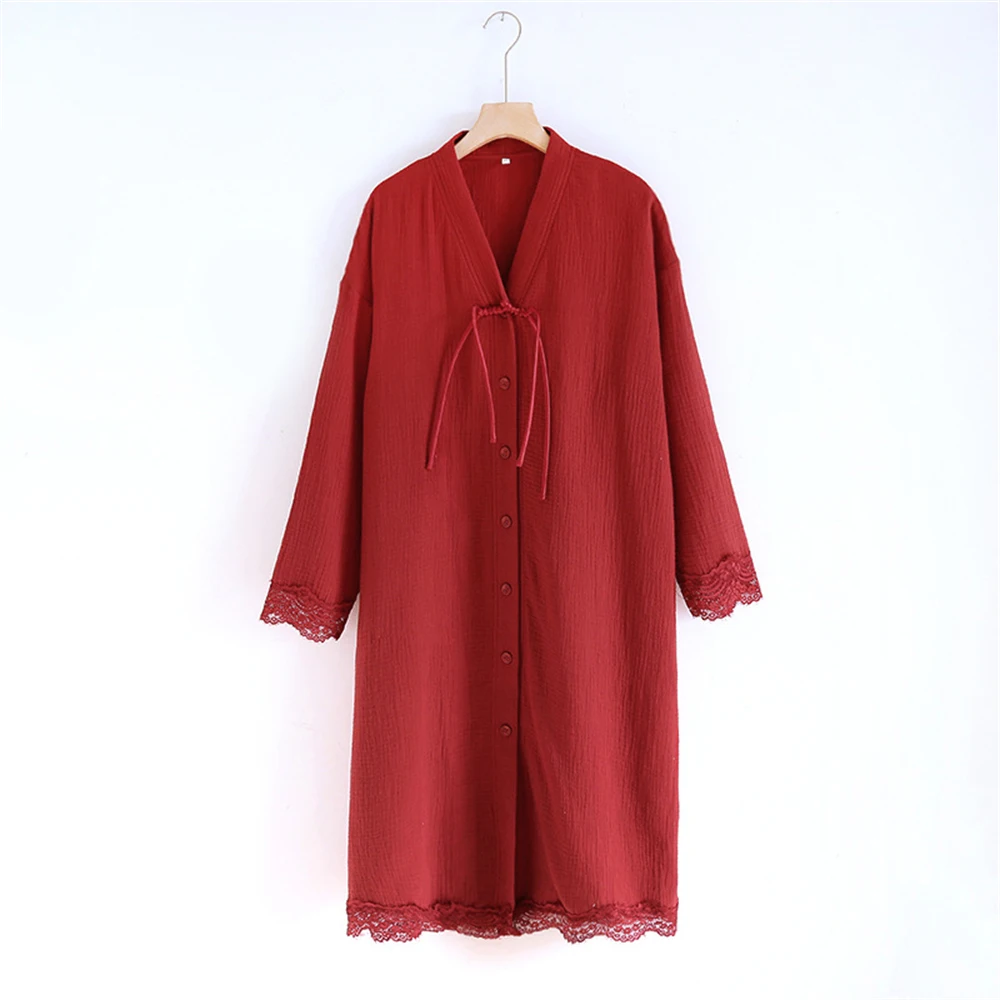 Lady Spring Summer Thin Long-sleeved Trousers Pajamas Set Autumn Crepe Double-layer Cotton Yarn Red Nightdress New Year Homewear
