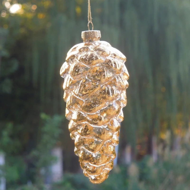 12pcs/pack 6*13cm Gold Pine Cone Glass Artifact Christmas Tree Hanging Ornament Window Hotel Wedding Mall Decoration Festival