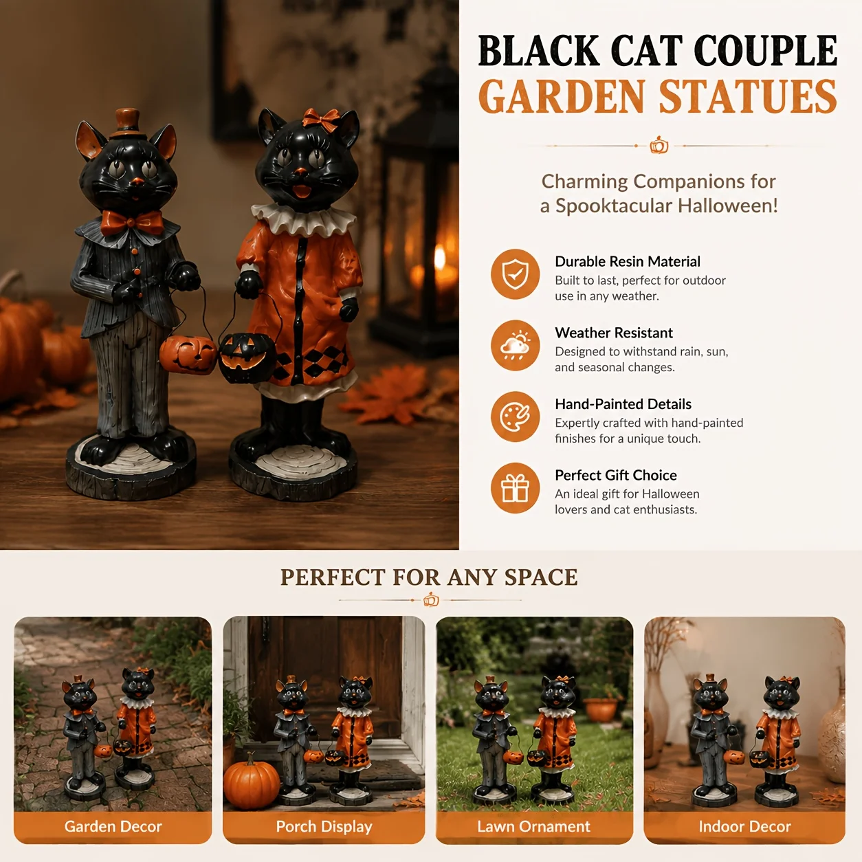 Vintage Halloween Black Cat Couple Garden Statue Set‑Resin Mr. and Mrs. Cat Figurines with Jack‑o'‑lantern, Spooky Vintage Outdoor Decor for Patio, Lawn and Yard, Halloween Gift
