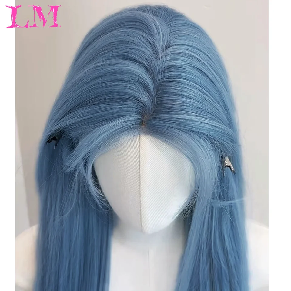 LM Long Straight Synthetic Wigs Light Blue with Ash Highlight Cosplay Wig with Bangs for Women Natural Hair Heat Resistant Fiber