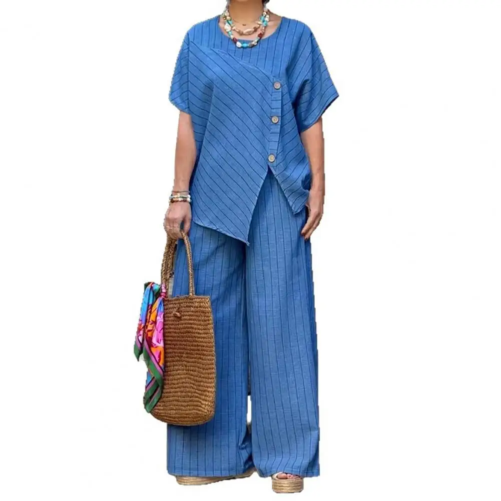 

Women's Striped Short Sleeve 2 Piece Outfits Summer Crew Neck Top And Long Pants Matching Lounge Sets with Pockets Loose Fit Wom