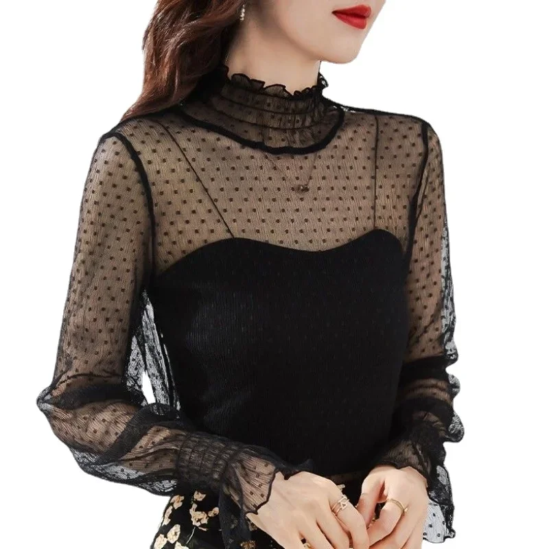 Mesh Lace Womens Blouses Elegent Stitching Puff Long-sleeved Blouses O-neck Polka Dot Office Ladies Shirts Tops 2022