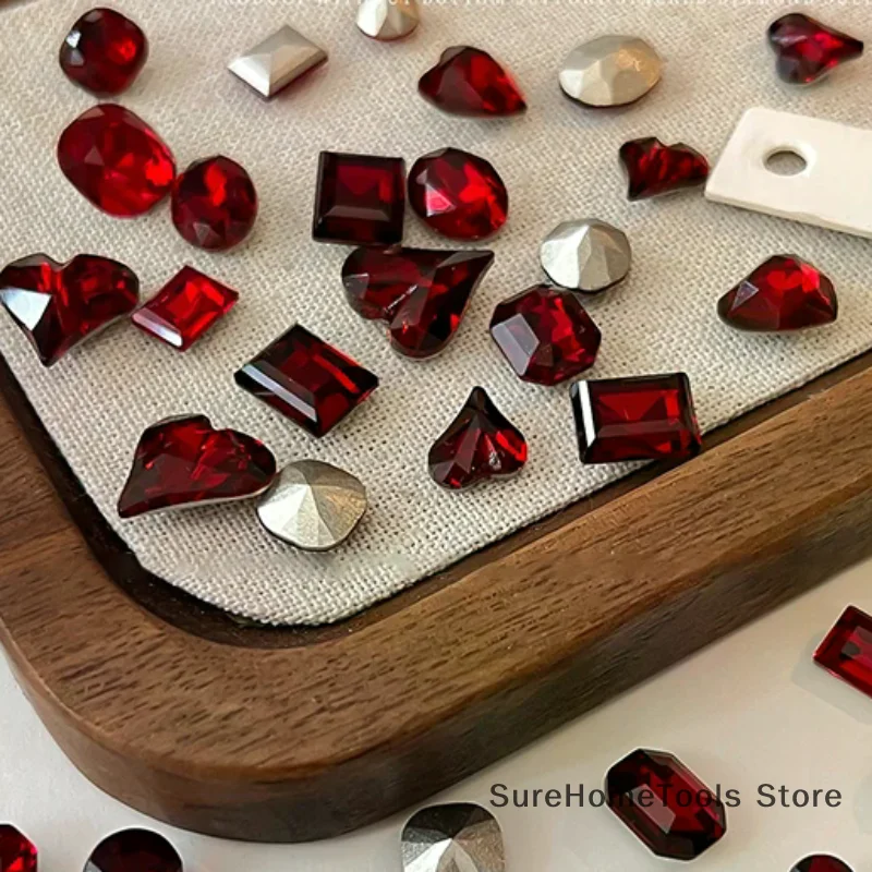 5 pçs vermelho gemas de unhas apontou fundo strass múltiplas formas prego cristal diamante misturado luxo vidro strass encantos decoração