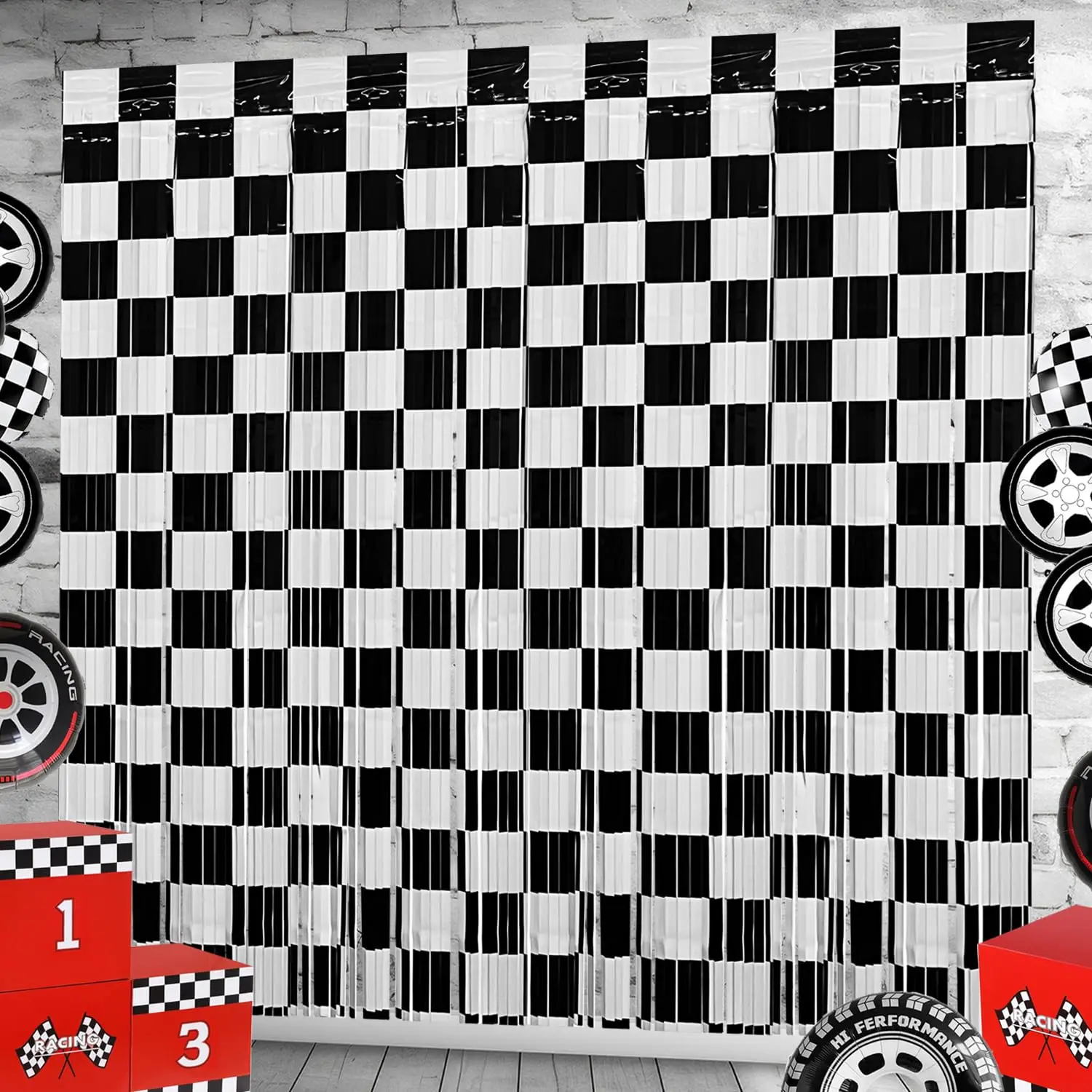 1X2m negro blanco cortina de papel de aluminio a cuadros oropel metálico cortinas con flecos telón de fondo para coche de carreras decoración de fiesta de cumpleaños telón de fondo